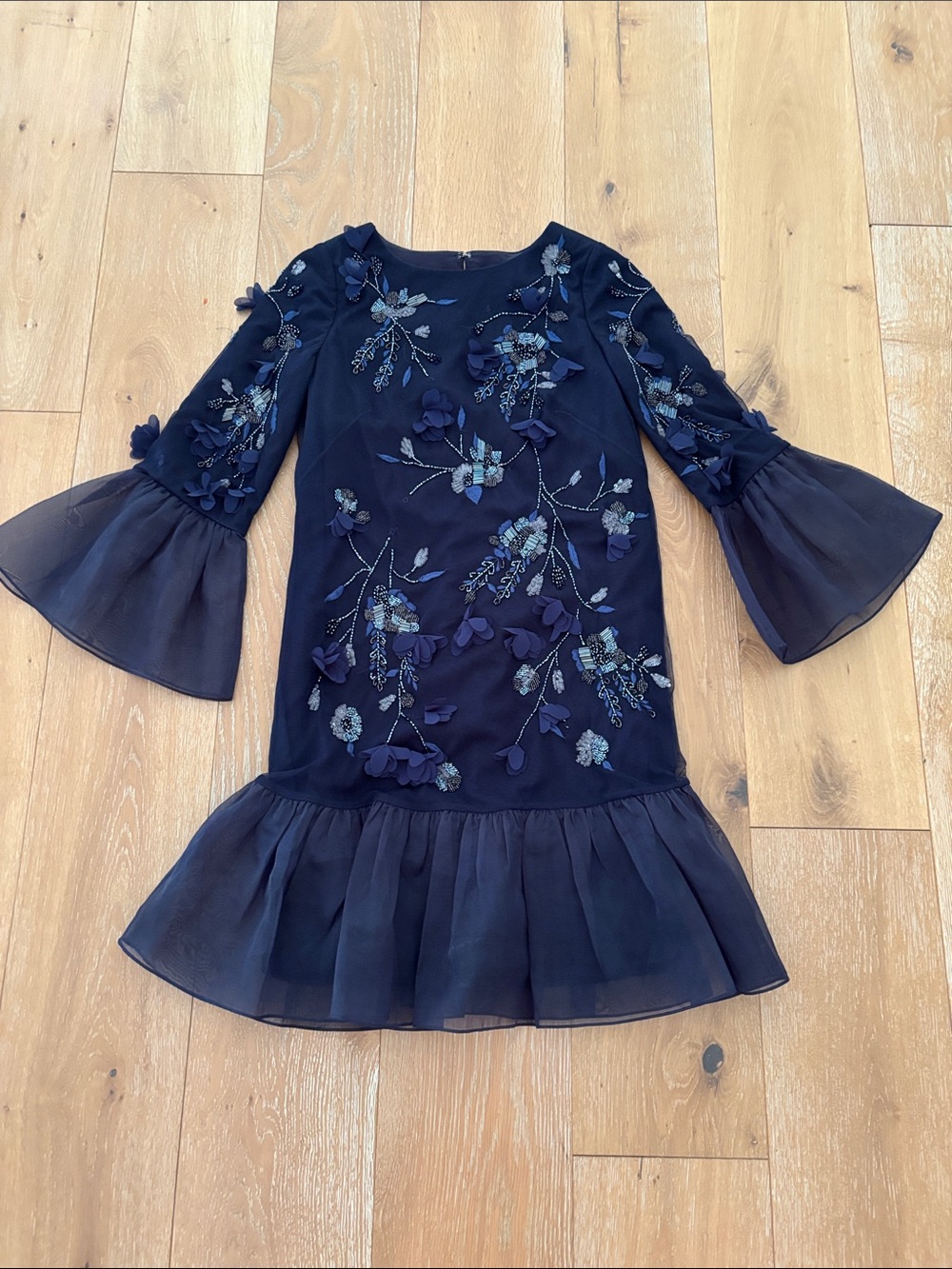 Marchesa Notte Navy Floral Appliqué Ruffle Dress